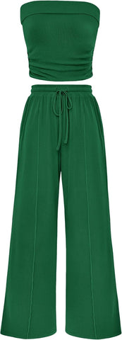 Ribbed Knit 2-Piece Set Tube Crop Top & Wide-Leg Pants Lounge Outfit
