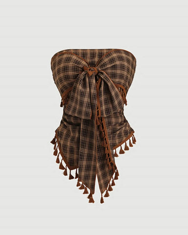 French Vintage Plaid Tube Top with Bow & Fringe Detail, Elegant Party Cami