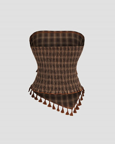 French Vintage Plaid Tube Top with Bow & Fringe Detail, Elegant Party Cami