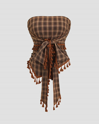French Vintage Plaid Tube Top with Bow & Fringe Detail, Elegant Party Cami