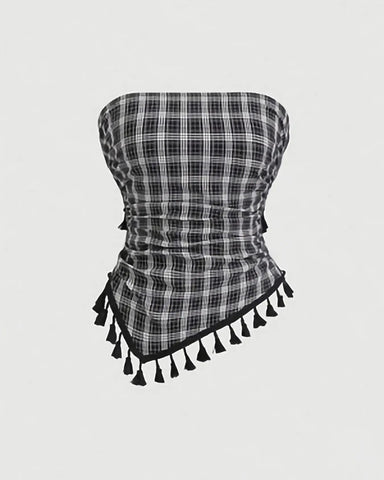 French Vintage Plaid Tube Top with Bow & Fringe Detail, Elegant Party Cami