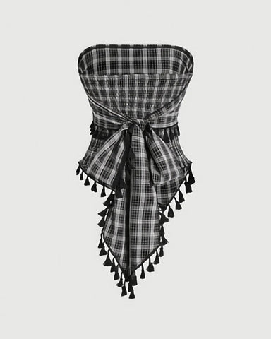 French Vintage Plaid Tube Top with Bow & Fringe Detail, Elegant Party Cami