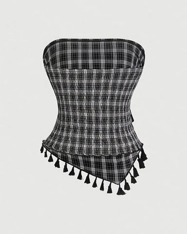 French Vintage Plaid Tube Top with Bow & Fringe Detail, Elegant Party Cami