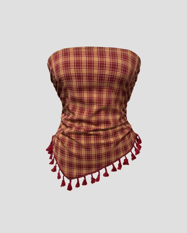 French Vintage Plaid Tube Top with Bow & Fringe Detail, Elegant Party Cami