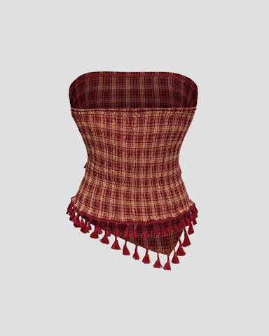 French Vintage Plaid Tube Top with Bow & Fringe Detail, Elegant Party Cami