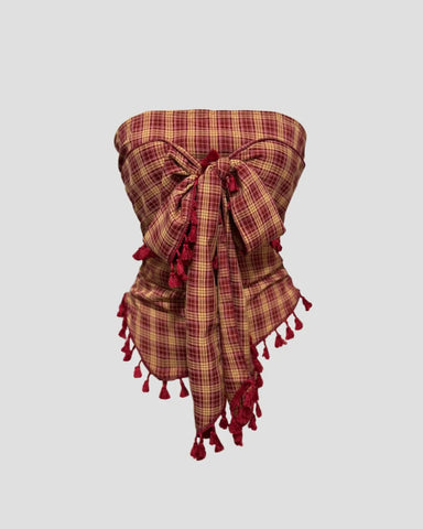 French Vintage Plaid Tube Top with Bow & Fringe Detail, Elegant Party Cami
