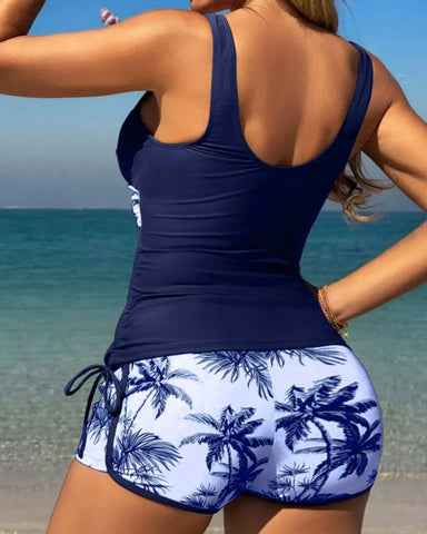 Plant Print Tankini Set – Conservative Two-Piece Swimwear with Shorts
