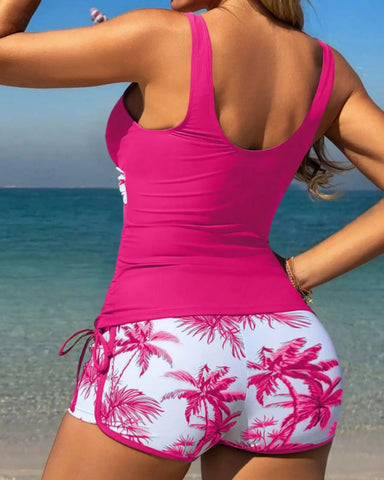 Plant Print Tankini Set – Conservative Two-Piece Swimwear with Shorts