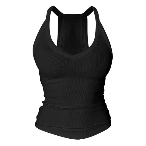 V-neck cotton tank top with shelf bra, soft support, everyday comfort