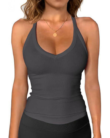 V-neck cotton tank top with shelf bra, soft support, everyday comfort