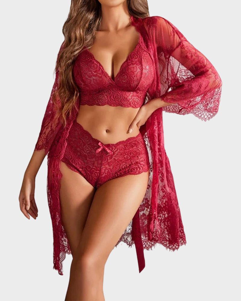 3-Piece Elegant Floral Lace Lingerie Set with Robe