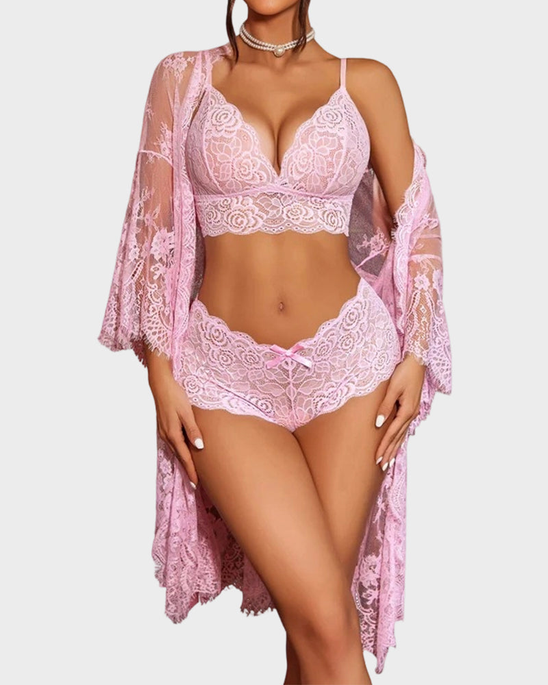 3-Piece Elegant Floral Lace Lingerie Set with Robe