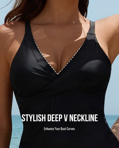 Deep V Cross-Back Ruched One-Piece Swimsuit