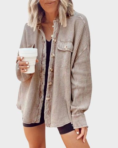 Oversized Batwing Waffle Knit Button-Down Shacket