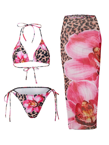 Women's Halter Triangle Bikini Sets Floral 3 Piece Swimsuit Bathing Suit Cover Up Long Skirt