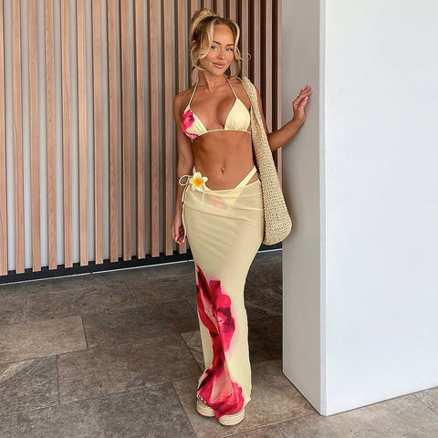 Women's Halter Triangle Bikini Sets Floral 3 Piece Swimsuit Bathing Suit Cover Up Long Skirt