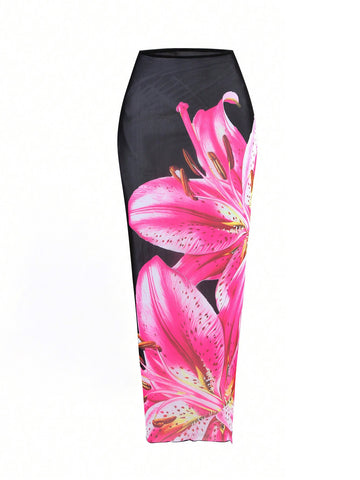 Women's Halter Triangle Bikini Sets Floral 3 Piece Swimsuit Bathing Suit Cover Up Long Skirt