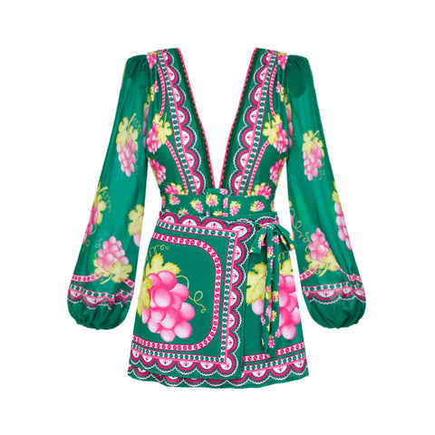 Shapecurve® Long-sleeved Retro Green Grapes Print One Piece Swimsuit and Skirt