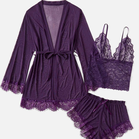 3-Piece Lace Sleepwear Set for Women – Cami, Shorts & Robe