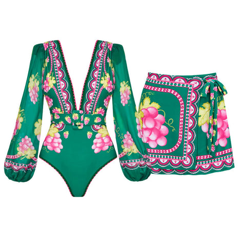 Shapecurve® Long-sleeved Retro Green Grapes Print One Piece Swimsuit and Skirt