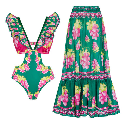 Shapecurve® Long-sleeved Retro Green Grapes Print One Piece Swimsuit and Skirt