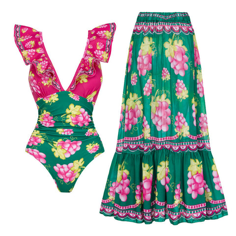 Shapecurve® Long-sleeved Retro Green Grapes Print One Piece Swimsuit and Skirt