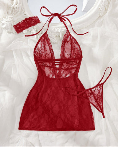 Women's Floral Lace Cut Out Halter Nightdress & Thong & Neck Decoration Set