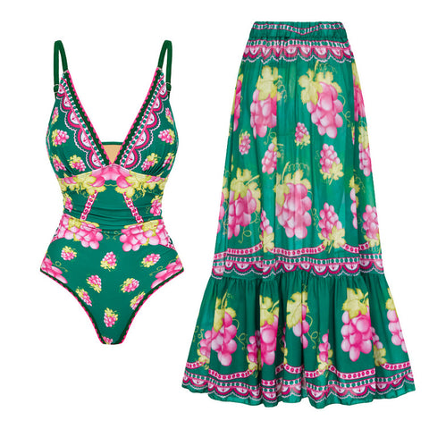 Shapecurve® Long-sleeved Retro Green Grapes Print One Piece Swimsuit and Skirt