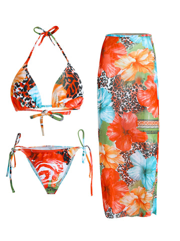 Women's Halter Triangle Bikini Sets Floral 3 Piece Swimsuit Bathing Suit Cover Up Long Skirt