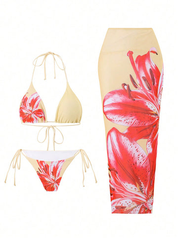 Women's Halter Triangle Bikini Sets Floral 3 Piece Swimsuit Bathing Suit Cover Up Long Skirt