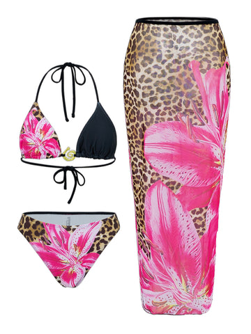 Women's Halter Triangle Bikini Sets Floral 3 Piece Swimsuit Bathing Suit Cover Up Long Skirt