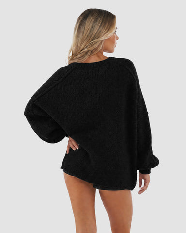Oversized Lantern-Sleeve Open-Front Knit Cardigan
