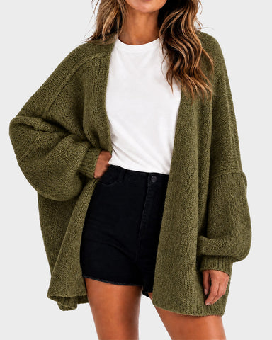 Oversized Lantern-Sleeve Open-Front Knit Cardigan