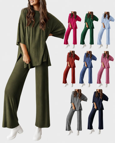Relaxed Split-Hem Top & Wide-Leg Pants Set