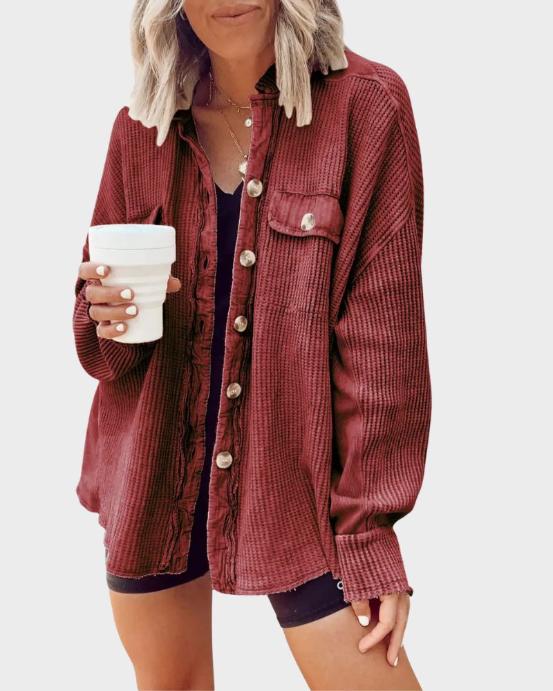 Oversized Batwing Waffle Knit Button-Down Shacket