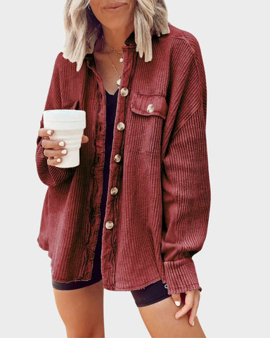 Oversized Batwing Waffle Knit Button-Down Shacket