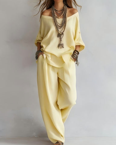 Summer Linen Set Relaxed Fit Top & Wide-Leg Pants Effortless Casual Wear