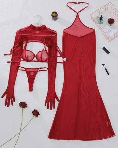 4 Pcs Red Sheer Mesh Lingerie Dress Sets