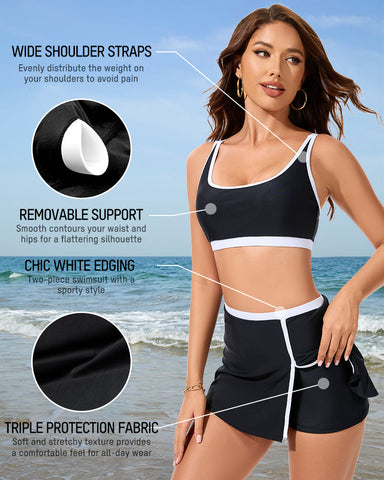 Sporty Color Block Side Slit Skirted Bikini Set