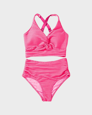 Textured Knot-Front High-Waisted Bikini Set
