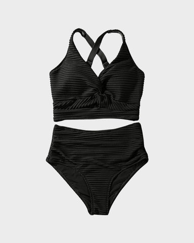 Textured Knot-Front High-Waisted Bikini Set