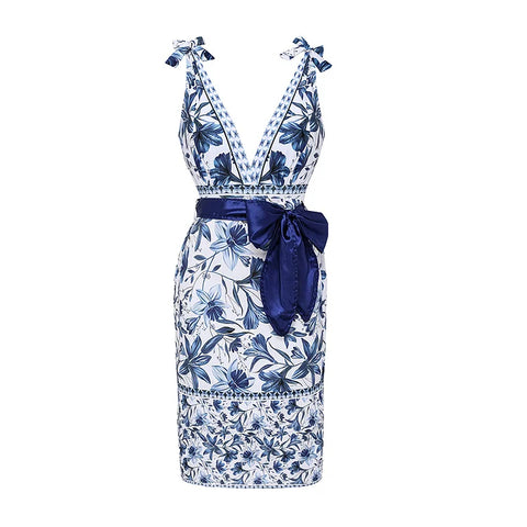 Shapecurve® V Neck Lace Up Strip Plant Prints One Piece Swimsuit and Skirt/Sarong