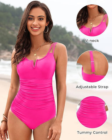 V-Wire Ruched Tummy Control One-Piece Swimsuit