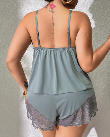 Plus Size Lace Satin Cami Pajama Set – Sexy Two-Piece Sleepwear for Women