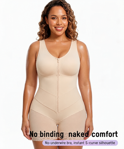 Front-zip body shaper with tummy control and smoothing fit.
