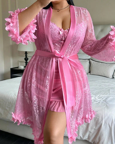 Plus size Lace Cami Nightgown & Floral Lace Trim Wide Sleeve Sheer Robe