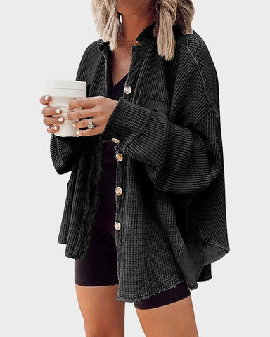 Oversized Batwing Waffle Knit Button-Down Shacket
