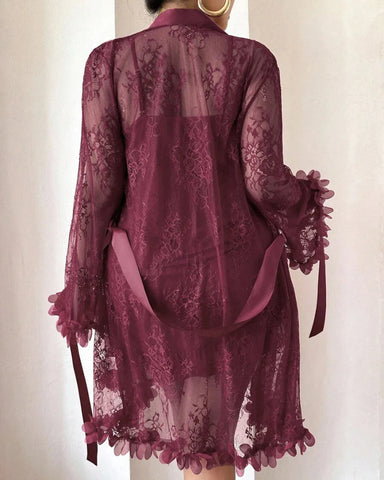 Plus size Lace Cami Nightgown & Floral Lace Trim Wide Sleeve Sheer Robe
