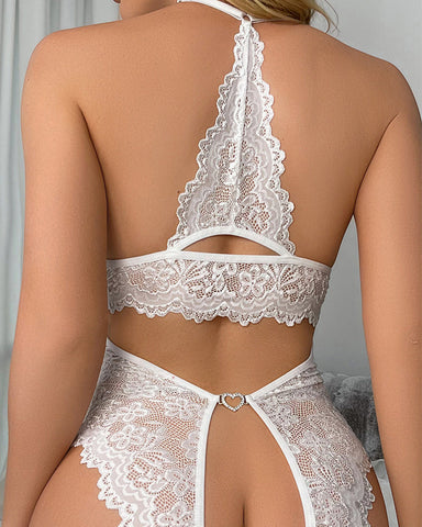 Bridal Floral Lace Scallop Trim Cutout Sheer Crotchless Teddy
