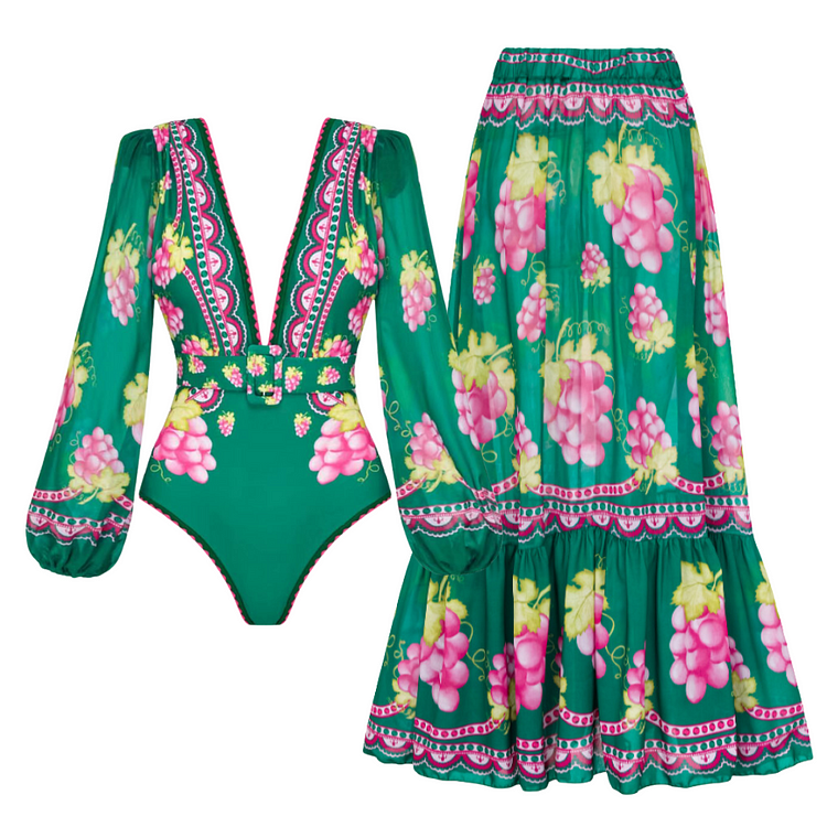 Shapecurve® Long-sleeved Retro Green Grapes Print One Piece Swimsuit and Skirt